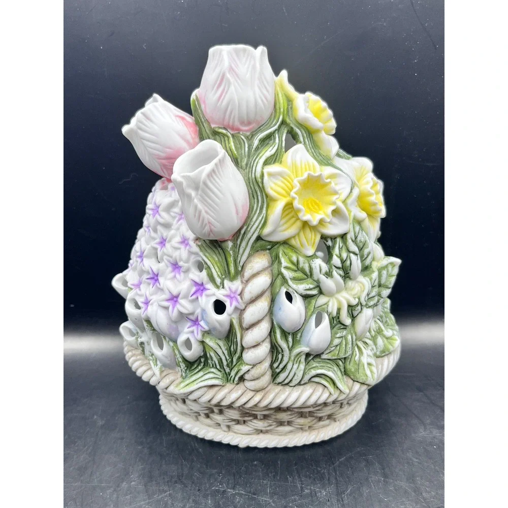 Vtg Partylite Ceramic Flower Basket Candle‎ Holder Spring Tulips Daffodils 8